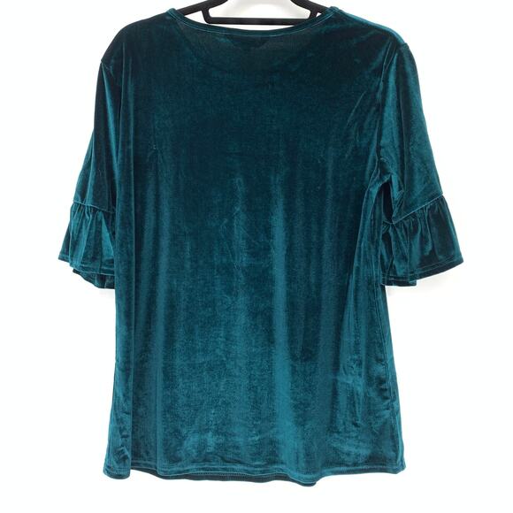 Amaryllis Women's Size M Lightweight Ruffle Short Sleeve Velvet Tee Teal Green - Picture 2 of 7